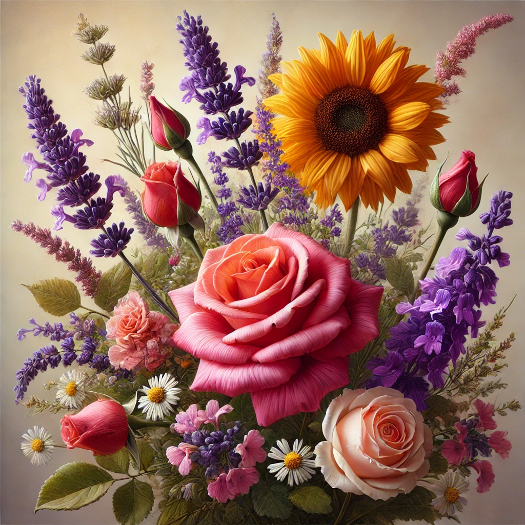 FLORES DIVERSAS - ROSA, MARGARITA, GIRASOL, ORQUIDEA, LAVANDA